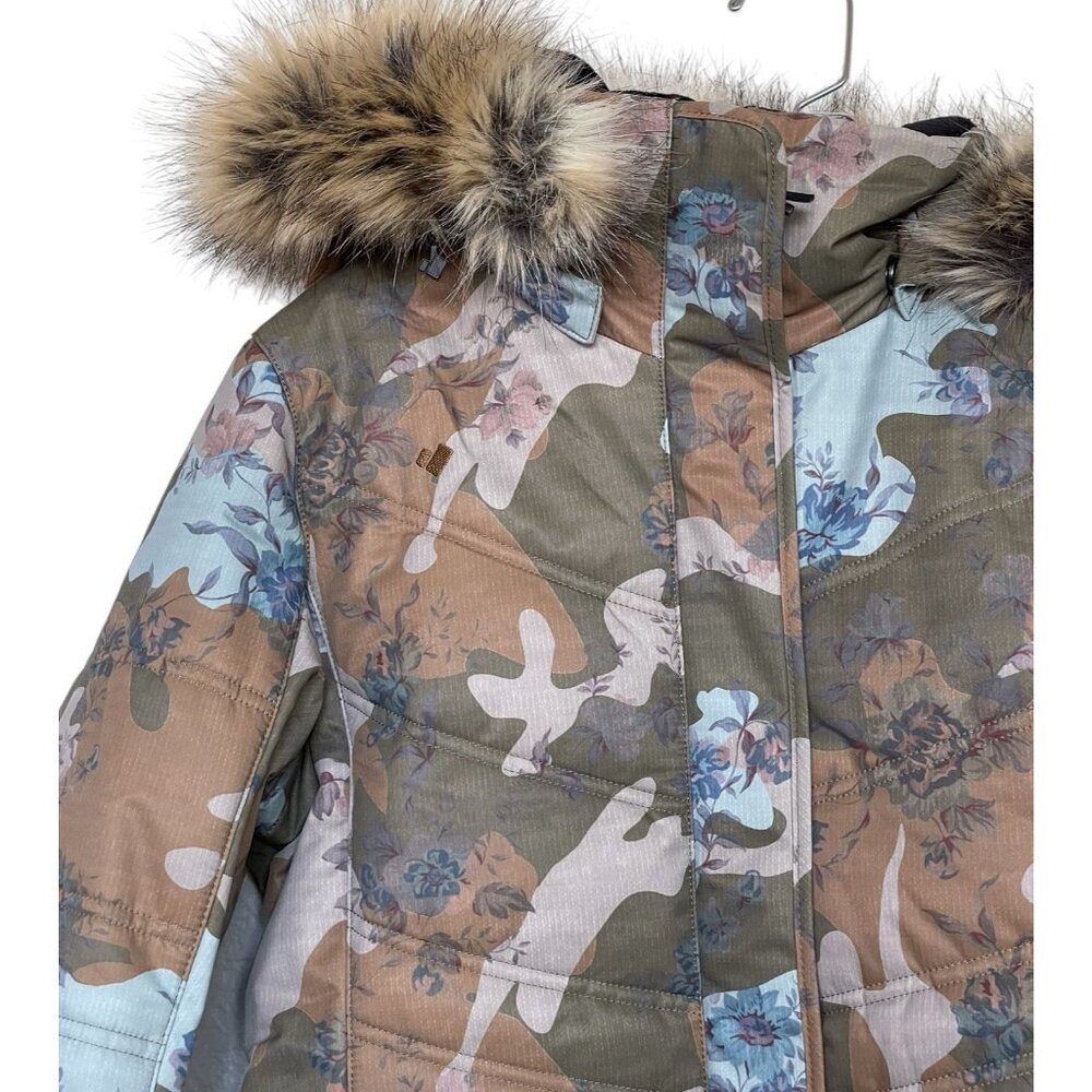 Obermeyer Ski Jacket Womens Size 6 Tuscany II Green Blue Camo Floral Faux Fur - Picture 3 of 12